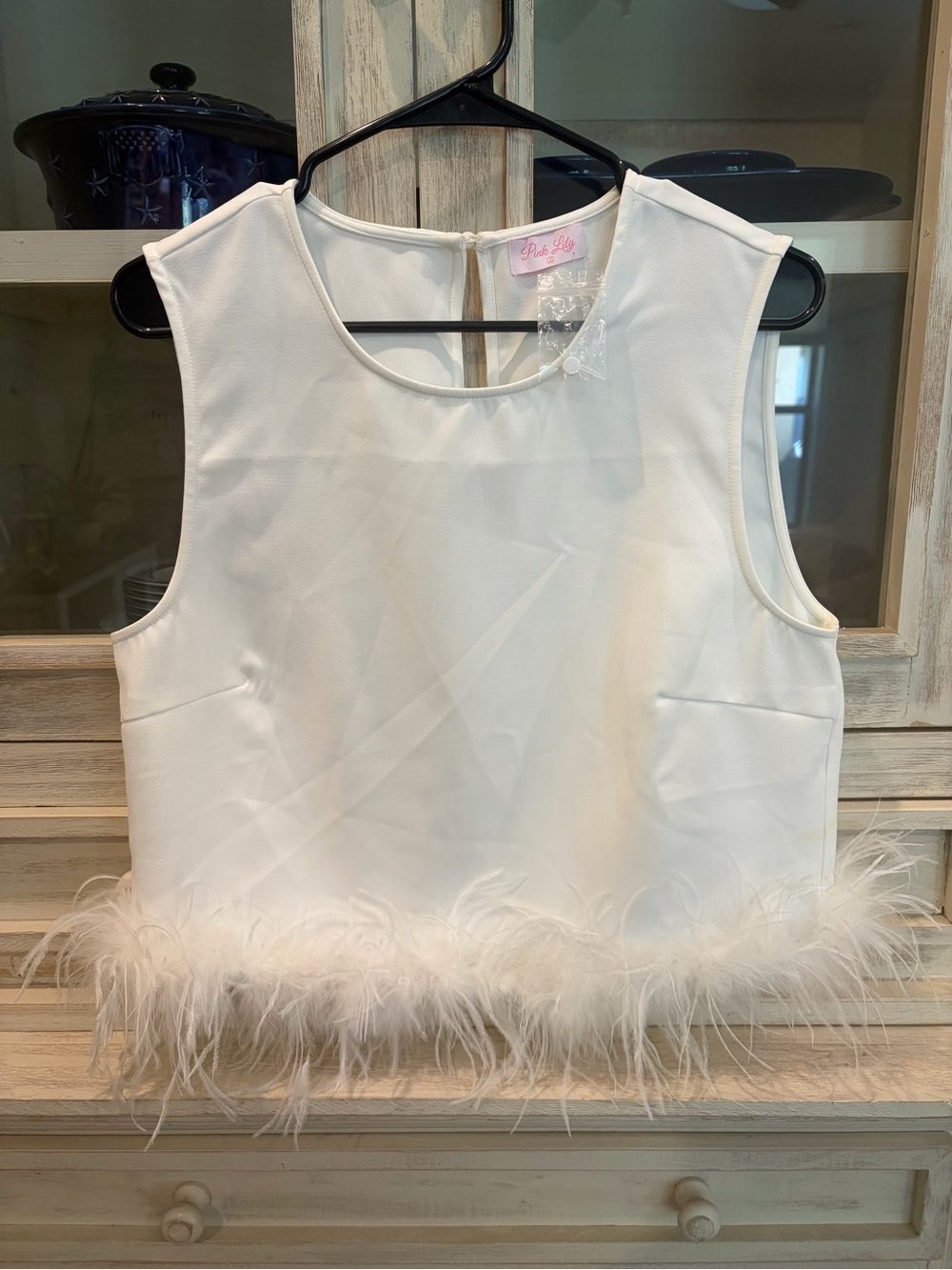 Here's Your One Chance White Feathered Hem Tank